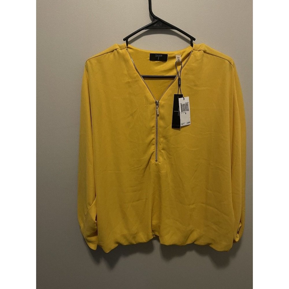 Tahari TV Neck Front zipper long batwing sleeve yellow/gold Blouson Blouse Siz M